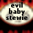 Pixelated text 'evil baby stewie' in black block letters on a white oval background with red and orange gradient border.