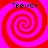 Four identical red and pink spiral patterns arranged in a with 'Trevor' text above each spiral on a solid red background