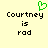 Pixelated green heart symbol above black text reading 'Courtney is rad' on a light yellow background.
