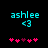 Pixelated cyan text 'ashlee' above a heart symbol and pink hearts on black background.