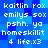 Blue pixelated background with white text reading 'kaitlin rox emilys sox pssh. ya homeskillit 4 life.x3' repeated in two identical horizontal sections.