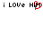 Pixelated text 'i LOVE HIM i LOVE HiM' with a red heart replacing the 'H' in the second instance, on white background.