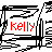 Pixelated icon with red text 'kelly' centered in a white rectangle bordered by black pixel art elements.