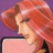 Pixelated profile view of a person with reddish-brown hair against purple background, holding light-colored rectangular object.