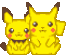 Two yellow cartoon creatures with brown-tipped ears and red cheek circles sit side-by-side in four distinct poses against a gray background.