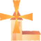 Three static views of a cartoon windmill with orange blades and a beige tower against a gray background.