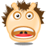 Pixelated cartoon face with spiky brown hair, wide eyes, and an open mouth showing teeth and tongue.
