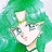 Pixelated close-up of a character with green hair and a white face, featuring large eyes and a small pink mouth, set against a green background.