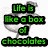 Pixelated text in green, cyan, and blue on a white background with gray smoke-like shapes.