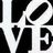 Black and white 'LOVE' text with green, red, yellow splatter background; peace symbol on right; headphones, musical notes, pink heart below.