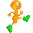 Pixelated orange figure with single large eye, green feet, and outstretched arms against gray background.