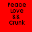 Red background with black text reading Peace Love && Crunk arranged vertically, four identical instances in a