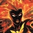 A pixelated character with dark skin and glowing eyes stands against a fiery orange and red background, wearing a black and yellow outfit.