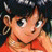 Pixelated anime-style character with dark hair and large eyes, wearing an orange top against a black background with stylized text.