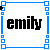 12 pixelated 'emily' text icons with blue and black lettering, each bordered by a blue square frame containing small white squares