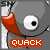 Gray circular character with red ear-like shape and white eye showing black pupil, labeled 'QUACK' in orange text below.