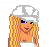 Pixel art contact sheet showing three frames of a female character with blonde hair, white cap, and yellow outfit in different poses with text elements.