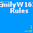 Blue background with repeating white text 'EmilyW 163' and 'Rules' in pixelated font, accompanied by yellow and green star animations.