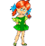 Pixelated cartoon girl with red pigtails and blue bows, wearing green dress and shoes, in multiple poses showing leg and arm positions.