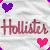 Pixelated static image with 'Hollister' text, two pixel hearts (purple top-left, pink bottom-right), and a soft pastel background.