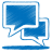 Two overlapping blue speech bubbles with white outlines on a gray background, one larger bubble positioned above and to the left of a smaller bubble, both featuring pixelated edges and a solid blue fill.