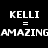 Pixelated text displays 'KELLI = AMAZINGAMAZING' with purple background bars shifting across the word.