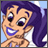 Pixelated cartoon character with purple hair and blue lips smiling, next to orange pixelated text on white background.