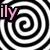 Black-and-white spiral pattern with pink text elements and a heart symbol on a gray background.