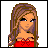 Pixel art icon of a female character with long brown hair wearing a red strapless top, displayed in a 2x2 contact sheet layout with three visible frames showing text variations below the image.