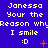 Blue background with repeated white text "Janessa Your the Reason why I smile :D" and orange symbols, showing animation changes in symbol positions.