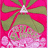 Pixelated image of a pink flower with green leaves and a white center on a bright pink background.