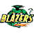 Pixelated icon features yellow text 'BLAZER' with black outlines, green top section, and colorful accents on white background.