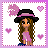 A 3x3 contact sheet of a pixel art animated icon featuring a cartoon girl with long brown hair, black hat with pink band and feather, pink dress, blue pants, surrounded by pink hearts on white background with purple dotted border.
