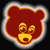 A static pixelated icon with a red, orange, and white rounded shape containing yellow stylized text on a black background.