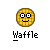 Pixelated waffle-shaped icon with a smiling face and the word "Waffle" below it on gray background.