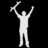 Pixelated white figure with arms raised high against black background, one arm holding a small cross-like object.
