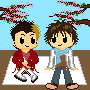 Two pixel-art characters sit on a bench under cherry blossoms, alternating between red and white jackets with blue scarves as petals fall.