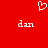 Red background with white pixelated heart symbol above two instances of the word 'dan' in lowercase letters.
