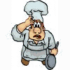 Cartoon chef adjusts hat while holding frying pan, blue table with chairs and flowers, two women embracing, text reads "What's to Eat?" and "Bitsy's Kitchen".