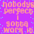 Pixelated text repeats on a purple background with cyan dots, showing 'nobodys perfect i gotta work it' in peach-colored letters.