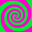 Four spirals in alternating green and pink colors arranged in a on a solid green background