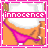Pixelated animated buddy icon showing a character's lower torso in orange shorts with pink bikini bottom, repeated across three frames with slight pose variations and the word 'innocence' overlaid on a pink banner.