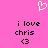 Pixelated pink background with white heart symbol above black text reading 'i love chris <3' in two identical side-by-side arrangements.