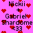 Pixelated icon with pink background, red hearts, and repeated text 'Nickii + Gabriel Shardome <33' in black font.