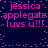 Pixelated text in bright pink on dark blue background, repeating 'jessica', 'applegate', and 'luvs u!!!' in two mirrored horizontal sections with scattered pink dots.