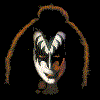 25 stylized faces with white base makeup, black and colored accents; each face has distinct hair color outlines (orange, blue, purple, green) and varying facial markings