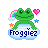 Pixel art frog on cloud with rainbow, hearts, stars; text 'Froggiez' below. Six variations show changing heart and star colors.