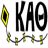 A pixelated graphic displays large black text 'KAO' with a yellow and black circular object on the left connected by a chain-like line to smaller yellow and black shapes below.