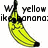 Pixelated yellow banana with black stem and tip, positioned diagonally against white background, with partial pixelated text reading 'yellow banana' above it.