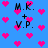 Blue background with pink pixelated hearts and black text reading M.K. + V.P. in a repeating pattern.